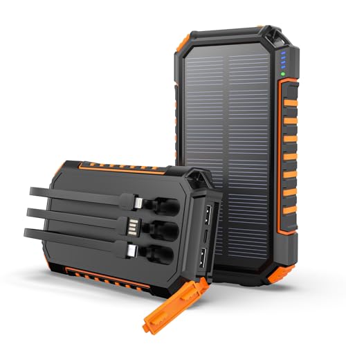 Hiluckey Power Bank Solar Charger 27000mAh Built in 3 Cables Five Outputs 15W Fast Charging Power Bank for All Mobile Devices Solar Portable Charger with Dual Flashlights