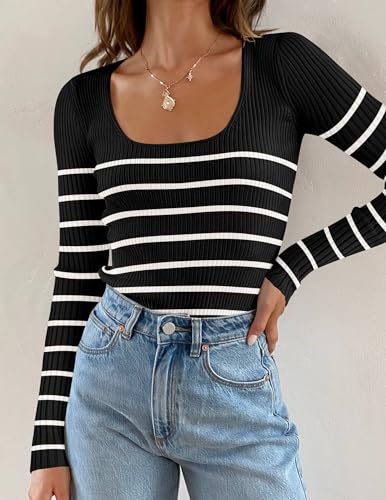 ZESICA Women's Ribbed Long Sleeve Sweater Square Neck Knit Tops 2024 Fall Casual Striped Pullover Black S
