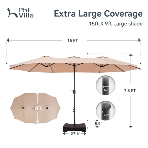 PHI VILLA 15ft Large Patio Umbrellas with Base Included, Outdoor Double-Sided Rectangle Market Umbrella with Crank Handle, for Poolside Lawn Garden, Beige