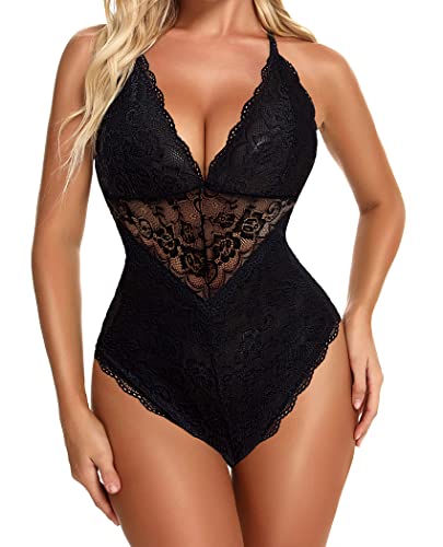 Avidlove Lingerie for Women Teddy Lingerie Snap Crotch Sexy Lace Bodysuit One Piece Teddy(Black,S)