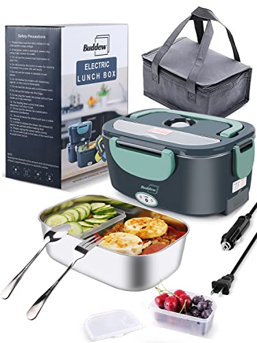 Buddew Electric Lunch Box 80W Food Heater for Adults, 12/24/110V Portable Lunch Warmer Upgraded Heated Lunch Box for Car/Truck/Office with SS Fork&Spoon and Insulated Carry Bag (Black)