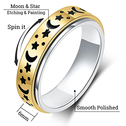 OreilleStar Anxiety Ring for Women Spinner Ring Fidget Ring Fidget Toys Adults Spinner Rings Stainless Steel Silver Rainbow Size 7 Moon Star Band