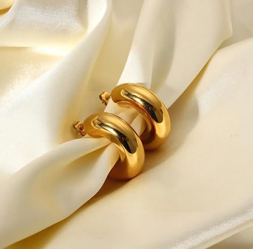 Tituthia Chunky Gold Hoop Earrings for Women, Trendy Simple 14K Gold Plated Thick Large Gold Hoop Earring for Women Hypoallergenic Lightweight Open Big Hoops Earrings Trendy Gold Jewelry Women