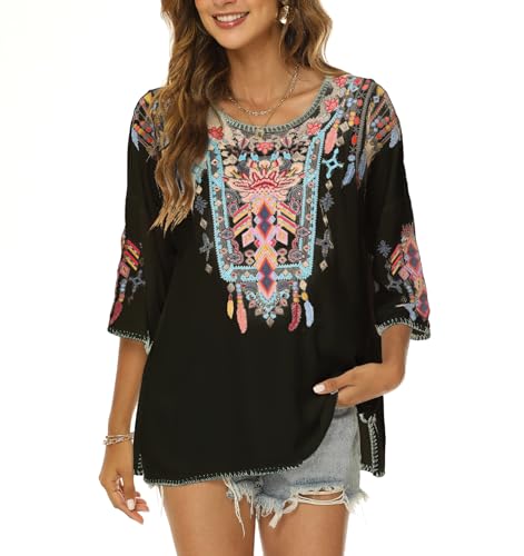 Higustar Mexican Embroidered Tops for Women Traditional Boho Tunics Bohemian Shirts Plus Size Peasant Clothes Blouses Black