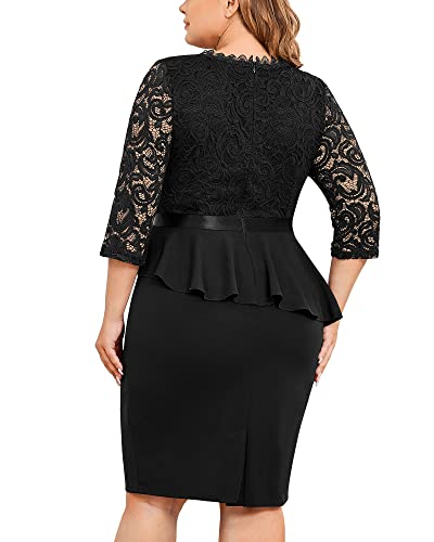 Miusol Women's Plus Size Lace Keyhole Neckline Peplum Bodycon Vintage Cocktail Party Dress A-Black