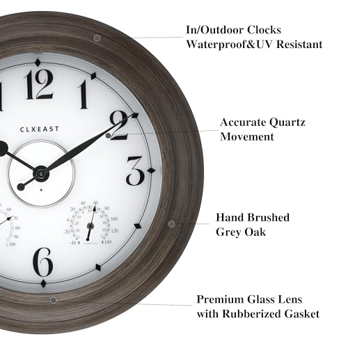 CLXEAST 24 Inch LED Illuminated Outdoor Clocks Waterproof with Thermometer & Hygrometer, Large Lighted Metal Wall Clock with Smart Light Sensor,Grey Oak Finish