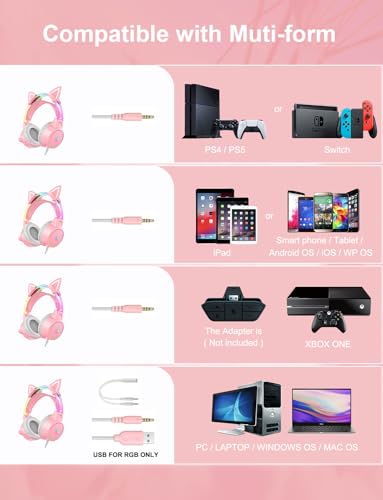 ONITOON Lightweight Gaming Headsets, Gradient RGB Light, Wired Over- Ear Headphones for PC/PS4/PS5/XBOX/Switch, Virtual Surround Sound & Noise Cancelling Mic, Auto-Adjust Headband