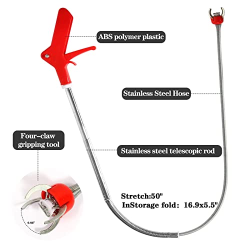 51"Toilet Snake Clog Remover,Toilet Auger Grabber Tool，Plumbing Snake for Toilet,With 4 Claws Bendable Hose Pickup Reaching Assist Tool for Grabbing Objects Blocked in Toilet Pipes and Drainage Drains