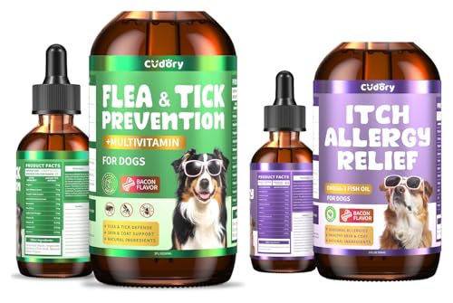 Skin & Coat Healthy Support Drops for Dogs - Natural Dog Allergy Relief + Herbal Oral Flea & Tick Support Supplement- Soothes Allergy & Itchy Skin for Dog Multivitamins & Omega-3