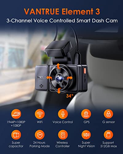 Vantrue E3 3 Channel 2.7K WiFi Dash Cam with GPS, Voice Control, Starvis IR Night Vision, 24 Hour Buffered Parking Mode, 3 Way 1944P+1080P+1080P Front and Rear Inside Dash Camera, Support 512GB Max