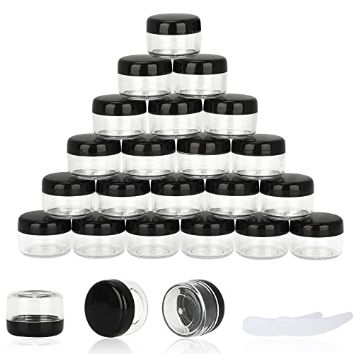 25PCS 5 Gram Sample Containers, 5ml Empty Jars with Lids, Small Cosmetic Containers, Mini Sample Jars with 2PCS Mini Spatulas for Make Up, Oils, Lotion, Powder, Paint, Jewelry, Lip Balms(Black Lid)