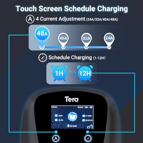 Tera Electric Vehicle Charger for Tesla: Level 2 J1772 2024 Newest ETL Certified 48A with Manual Setting Amps & Schedule on Unit 240V NEMA 14-50 Black