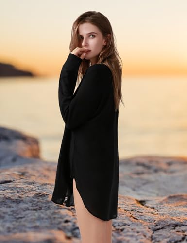 TOUSYEA Sleep Shirts for Women Button Down Shirts Long Sleeve Sleepwear Swimsuit Cover Ups Soft Pajama Tops White L