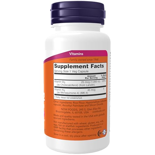 NOW Supplements, Vitamin D-3 & K-2, 1,000 IU/45 mcg,Plus Cardiovascular Support*, Supports Bone Health*, 120 veg Capsules