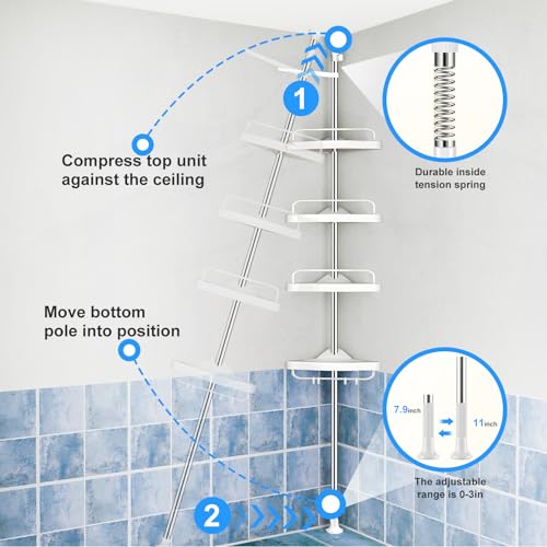 Corner Shower Caddy Tension Pole: Adjustable Stainless Steel Shower Organizer with 4 Tier Shelf for Bathroom Bathtub Tub Shampoo - Floor Standing Rack Bath Storage Holder with Rust Proof Rods