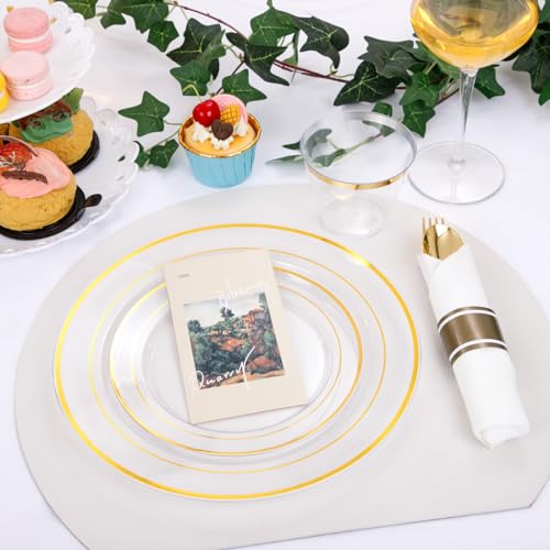 DaYammi 210PCS Clear Gold Plastic Dinnerware Set for 30 Guests, Fancy Disposable Plates for Party, Include: 30 Dinner Plates, 30 Dessert Plates, 30 Pre Rolled Napkins with Gold Silverware, 30 Cups