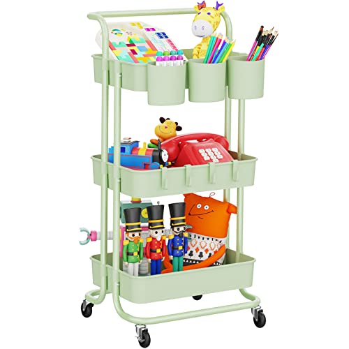 LEHOM 3-Tier Rolling Mobile Utility Cart with Hanging Cups & Hooks & Handle Multifunctional Organizer Storage Trolley Service Cart with Wheels Easy Assembly for Office, Bathroom, Kitchen (Green)