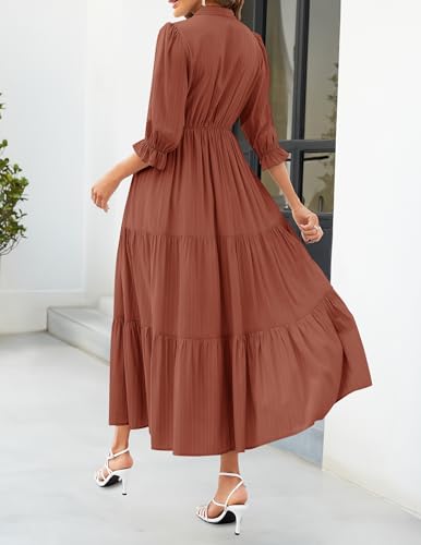 ZESICA Women's Casual Half Sleeve Tie V Neck Elastic High Waist Solid Color Flowy Tiered A Line Beach Party Maxi Dress,Apricot,Small