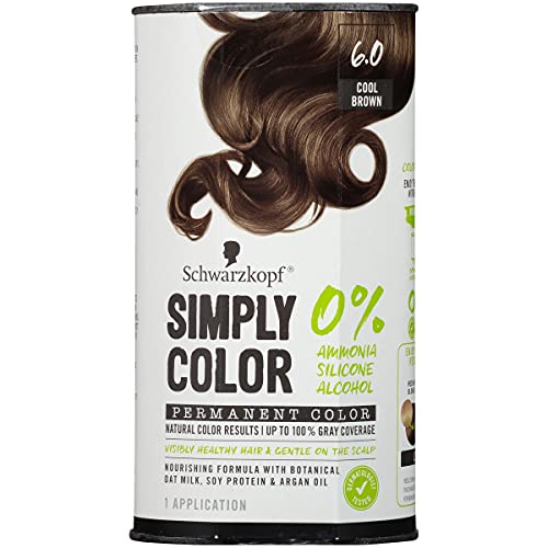 Schwarzkopf Simply Color Hair Color 6.0 Cool Brown, 1 Application - Permanent Hair Dye for Healthy Looking Hair without Ammonia or Silicone, Dermatologist Tested, No PPD & PTD