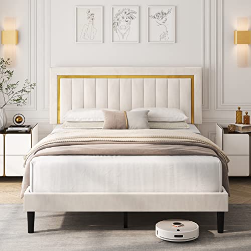 HITHOS Full Size Bed Frame with Adjustable Tufted Headboard, Velvet Upholstered Platform Bed Frame with Gold Trim, Heavy Duty Mattress Foundation with Steel Frame, Easy-Assembly Slats (Black, Full)