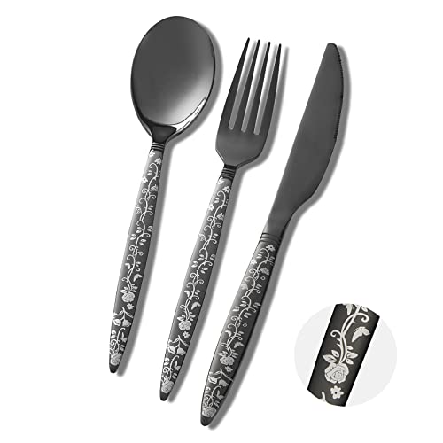 Xingjiake 12-piece Black Silverware Set, Flower Pattern Fancy Knife Spoons And Forks Set, Stainless Steel Flatware Cutlery Set, Serving Utensil Set With Steak Knives Fork Spoons Silverware