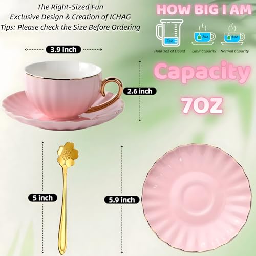 ICHAG Tea Cups and Saucers Set, Tea Cup Set, Cappuccino Cup, 7oz Vintage Porcelain Teacup and Saucer Set with Golden Spoon, Latte Cups, Coffee Cup Set for Women's Tea Party, Home Office Gifts (1pc)