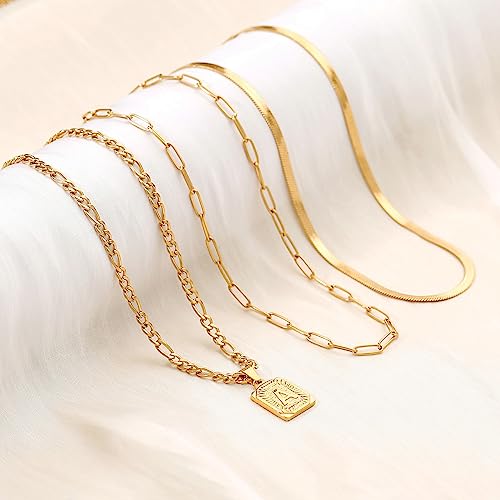 Honsny 3 PCS Gold Layered Necklace Set for Women Gold Filled Dainty Paperclip Snake Choker Figaro Chain Layering Necklaces Jewelry Gifts Square Pendant Letter A-Z