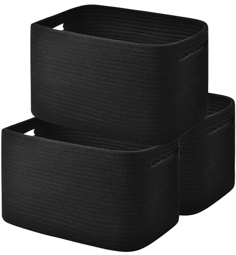 Issudata Storage Basket,Woven Baskets for Storage,Cotton Rope Baskets for Organizing,decorative Baskets for Shelves,book Basket,towel Basket,Toy Basket or Storage Bins for Living Room - 3 Pack,Black