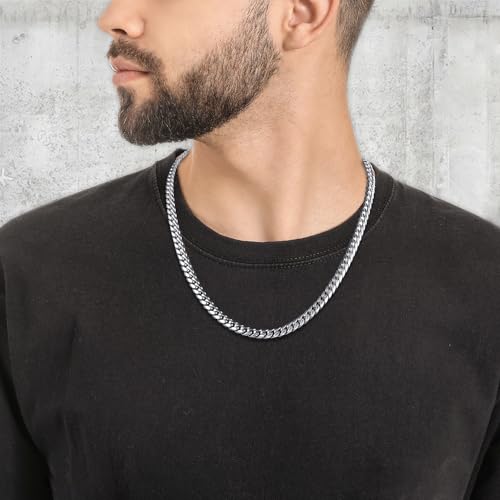 Jewlpire 4mm Silver Chain for Men Women, Diamond Cut Miami Cuban Link Chain for Men, Hip-Hop & Cool Men’s Necklace 316L Stainless Steel Chain 18 Inch