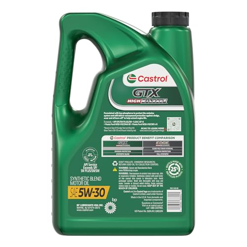 Castrol GTX High Mileage 5W-30 Synthetic Blend Motor Oil, 5 Quarts