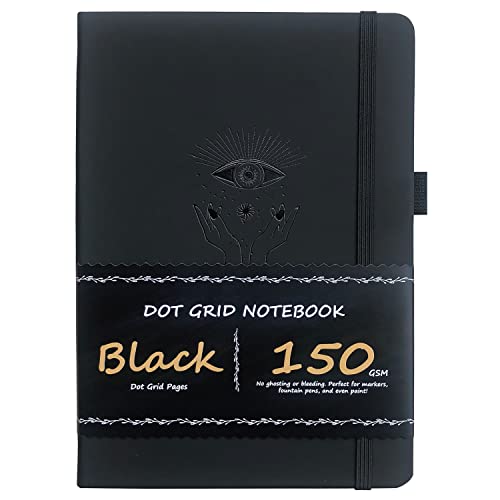 BUKE Dotted Journal - Dot Grid Notebook - 150gsm No Bleed Black Paper - 160 Black Pages - For Women and Men - A5 PU Leather Hardcover 5.75" x 8.5" and Gift Box (BKB-1)