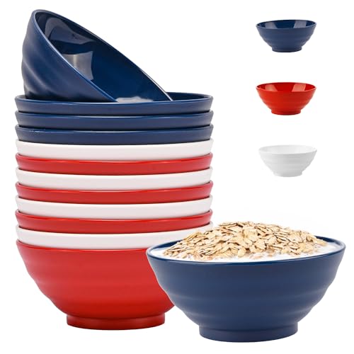 JEPISADI Versatile Set of 12 Ramen Bowls - 6.2 Inches Salad Bowls - Ideal for Soup, Salad Dressing, Udon,Cereal,pho, Rice,Ideal for Camping Trips and Picnics - Red, White, Blue