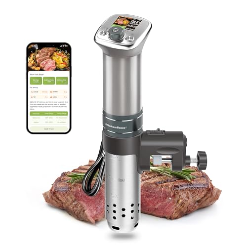 KitchenBoss Wifi Sous Vide Cooker: Ultra-quiet Sous Vide Machine Built-in Color Display Recipes Waterproof, 1100 Watts Sous Vide Immersion Circulator Precision Cooker Magnetic Knob APP Control, Silver