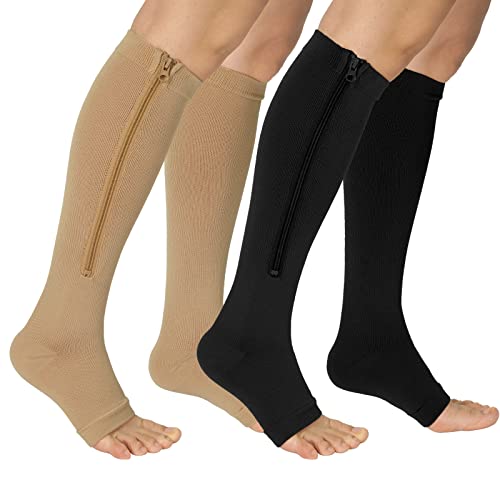 Ktinnead 2 Pairs Zipper Compression Socks for Women, 15-20 mmHg Open Toe Compression Stockings for Women Men, Graduated Knee High Medical Compression Socks for Nurse, Teacher, Pregnant(Black Nude S/M)