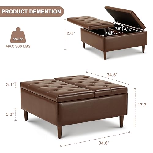 Weture 35 Inch Extra Large Storage Ottoman Coffee Table with Lift Top, Oversized Square Ottoman with Storage, Tufted Upholstered Ottoman Coffee Tables for Living Room (Fabric, Beige)