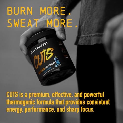 BLACKMARKET CUTS Pre Workout - Flavored Energy Powdered Drink Mix for Men & Women, Great for Muscle Definition, Thermogenic, Creatine Free, (Blue Razz, 30 Servings)