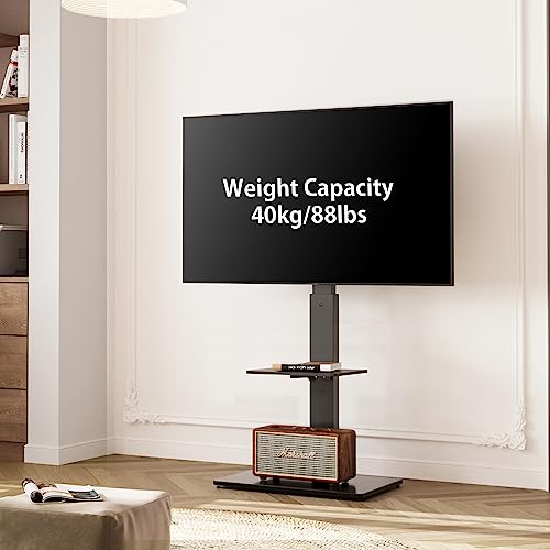 FITUEYES Swivel Floor TV Stand with Mount for TVs 37 43 50 55 60 65 70 75 Inch LCD LED Flat/Curved Screens Universal Swivel Televisions TV Mount Stand for Bedroom Living Room Black Tempered Glass Base