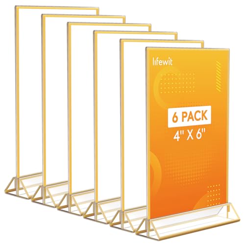 Lifewit 6 Pack 4x6 Acrylic Sign Holder with Gold Borders, Clear Vertical Double-sided Stand, Plastic Menu Holders, Table Number Holders Picture Frames for Wedding, Party, Restaurant decor