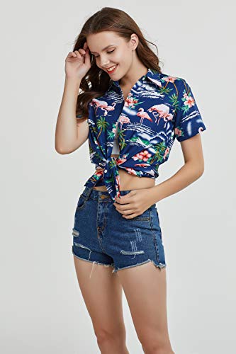 SSLR Hawaiian Shirts for Women Flamingo Shirt Tropical Shirts for Women Summer Casual Short Sleeve (Medium, Light Grey)