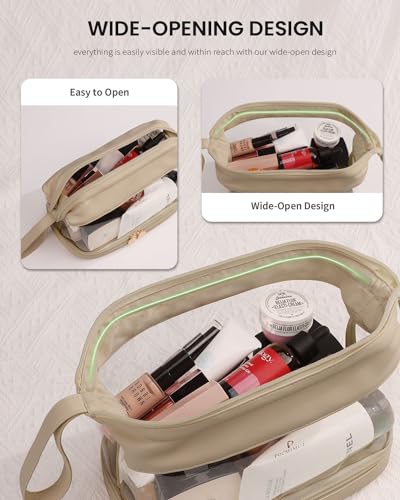 Pocmimut Makeup Bag,PU Leather Large Clear Makeup Bag Double Layer Travel Makeup Bag with Make Up Brush Bag Travel Essentials for Women(Apricot)