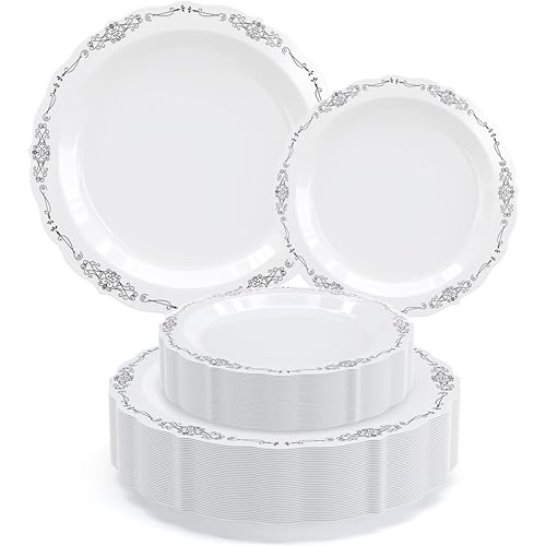 Exquisite Victorian Plastic Plates 80 Piece Plastic Disposable Plates for Party Set For 40 Guests 40 X 7.5 inch Dessert Plates & 40 X 10.25 Inch Plastic Plates Disposable Heavy Duty White & Black