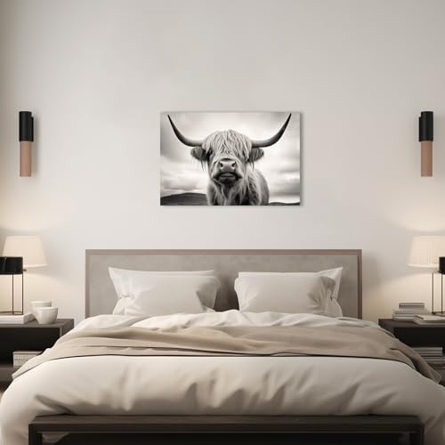 QIXIANG Large Black and White Highland Cow Canvas Wall Art Longhorn Highland Cow Picture Prints Farmhouse Cow Portrait for Home Decor (Cow-A,12.00" x 18.00")