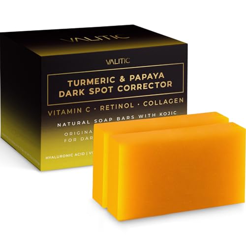 VALITIC Papaya and Turmeric Kojic Acid Soap Bar - Dark Spot Corrector Skin Care Cleansing Bar - Infused with Vitamin C, Hyaluronic Acid, Collagen, Retinol, Olive Oil - 2 Pack