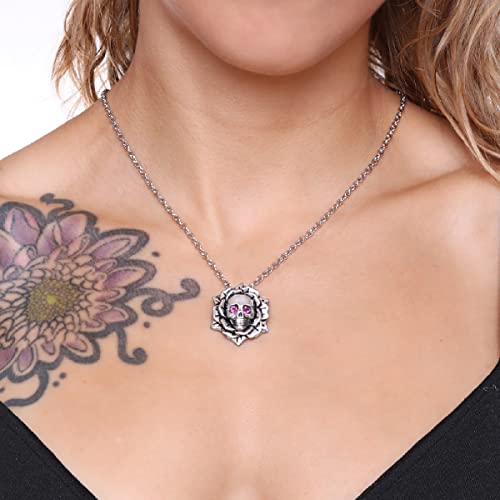 Skull Rose Birthstone Necklace With Crystal 17" - 19" Adjustable Chain (01-January - Darker Red)