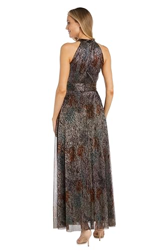 R&M Richards Women's Printed Metallic Crinkle V Neck Halter Dress, Bronze