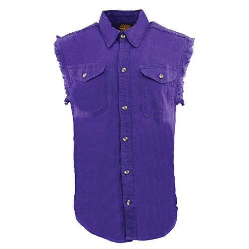 Milwaukee Leather DM1006 Men's Purple Lightweight Denim Shirt with with Frayed Cut Off Sleeveless Look - Small