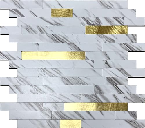 weimeisc 10-Sheet Peel and Stick Backsplash Tile, PVC Mixed Metal Stick on Backsplash Tiles for Kitchen (10, White Stone+Metal Gold)