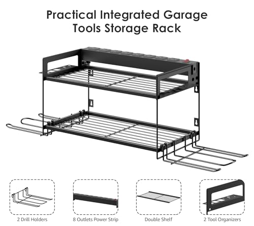 CCCEI Garage Tools Storage with Charging Station. Power Tool Battery Organizer Utility Shelf with Power Strip. 4 Drills Holder Wall Mount Rack, Black.