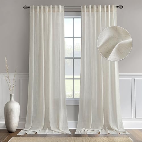 MIULEE Linen Curtains 132 Inch Length for Living Room 2 Panels, Natural Ivory Rod Pocket Back Tab Light Filtering Semi Sheer Boho Soft Linen Window Drapes Farmhouse Burlap Decor Curtains for Bedroom