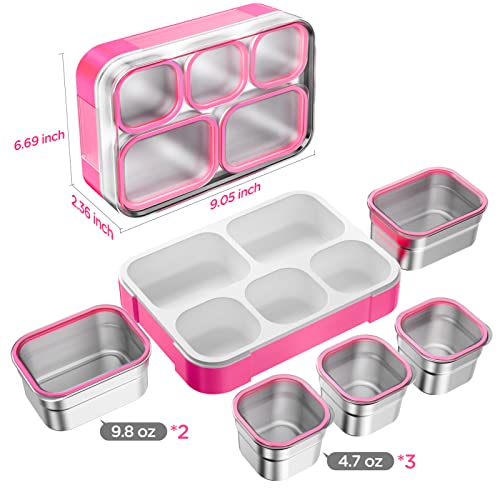 DaCool Stainless Steel Lunch Box Bento for Kids Adults Leakproof BPA-Free Metal Lunch Containers Tray 5-Compartment with Fork for Girls Food Snack Containers for School Outdoors, Pink